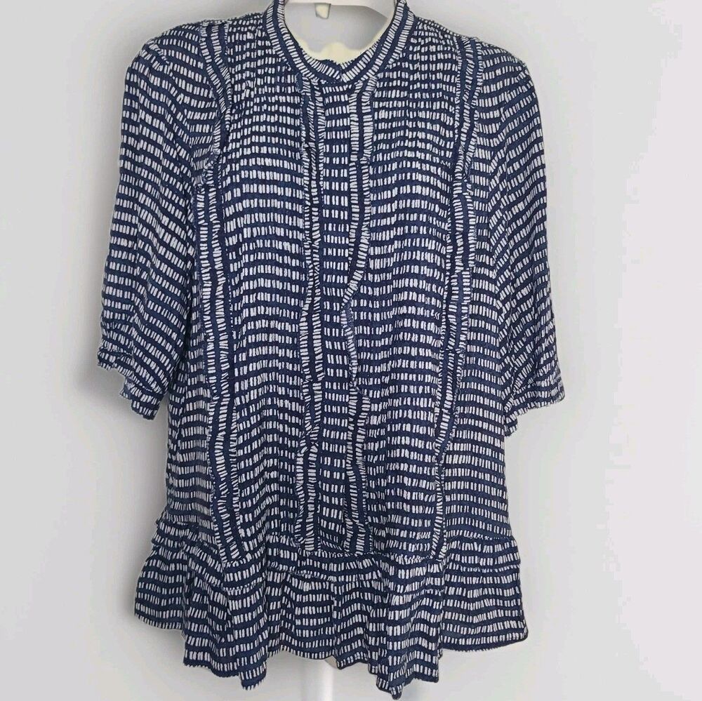 Anthropologie Maeve  Sz 12 Blouse Blue White Swing Top Geometric 3/4 Sleeves New